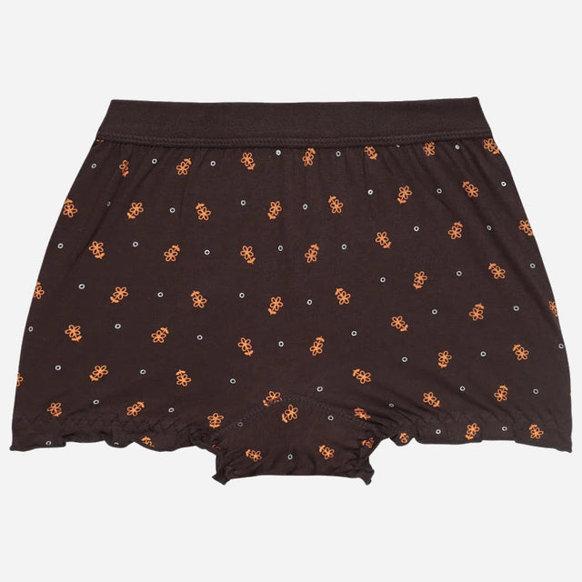 Kids brown innerwear shorts with orange floral print, soft cotton fabric, comfortable fit