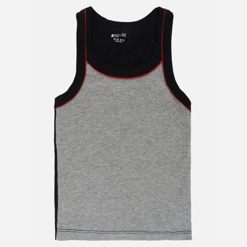 Kids grey sleeveless innerwear vest with black border and red stitching, soft cotton tank top