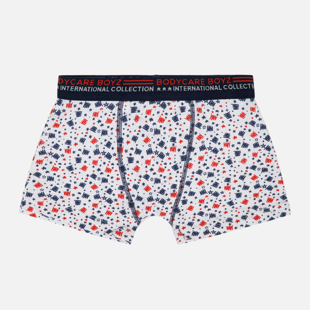 Boys printed boxer briefs with red and blue abstract pattern and logo waistband