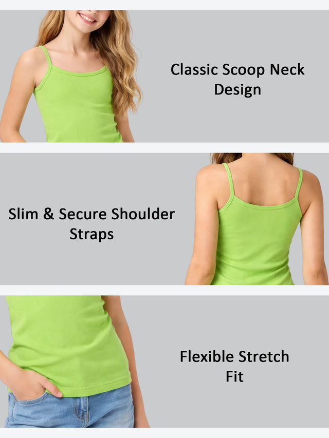 Girl wearing green camisole undershirt with thin shoulder straps and scoop neck, casual fit