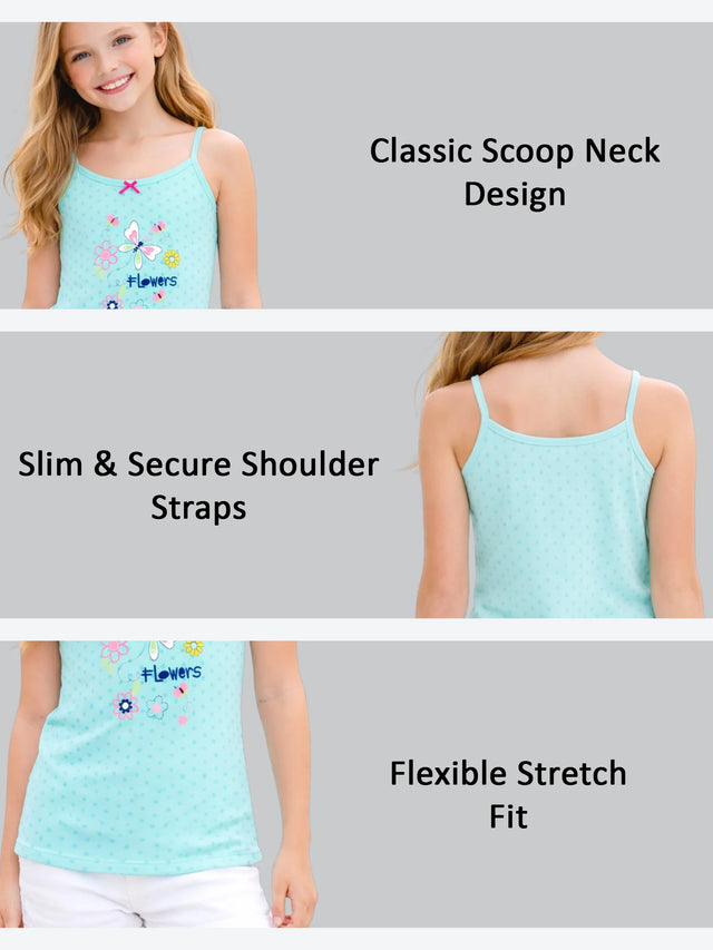 Girl wearing light blue sleeveless camisole with floral print, scoop neck, and stretch fit.