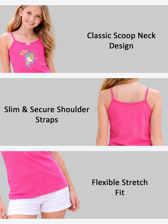 Girl wearing pink camisole top with cartoon print, scoop neck, slim straps, stretch fit.
