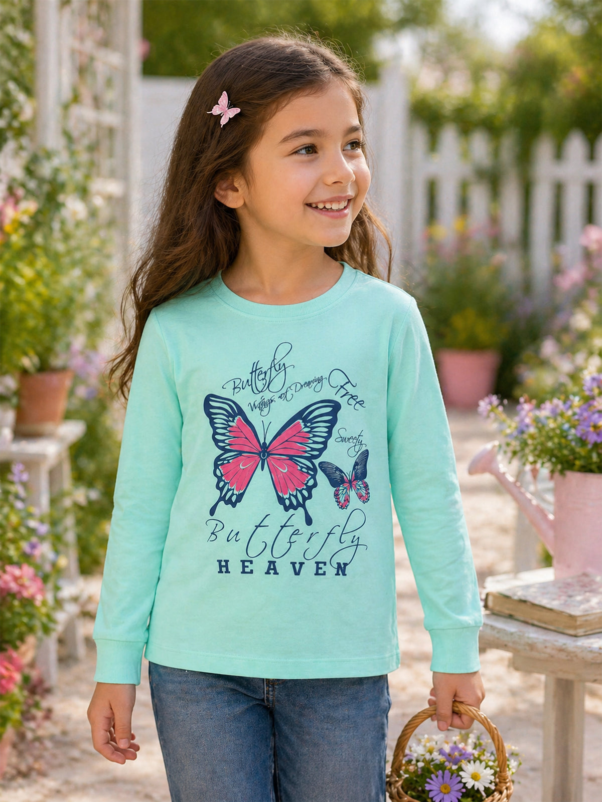 Girls 100% Cotton T-Shirt with Round Neck and Full Sleeves for Comfortable Casual Wear and Regular Use - Pack of 1