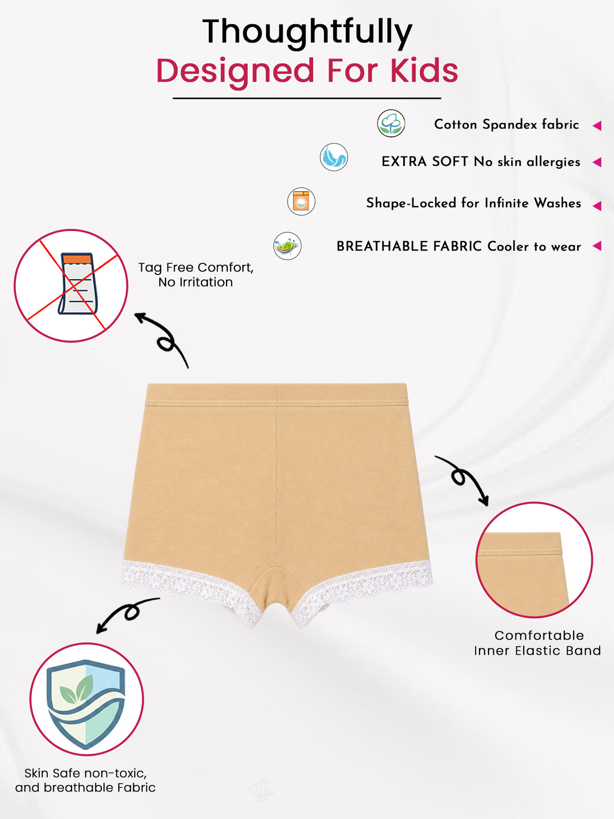 Girls Cotton Spandex Boyshorts with Inner Elastic Waistband and Stretch Comfort for Everyday Innerwear - Pack of 2