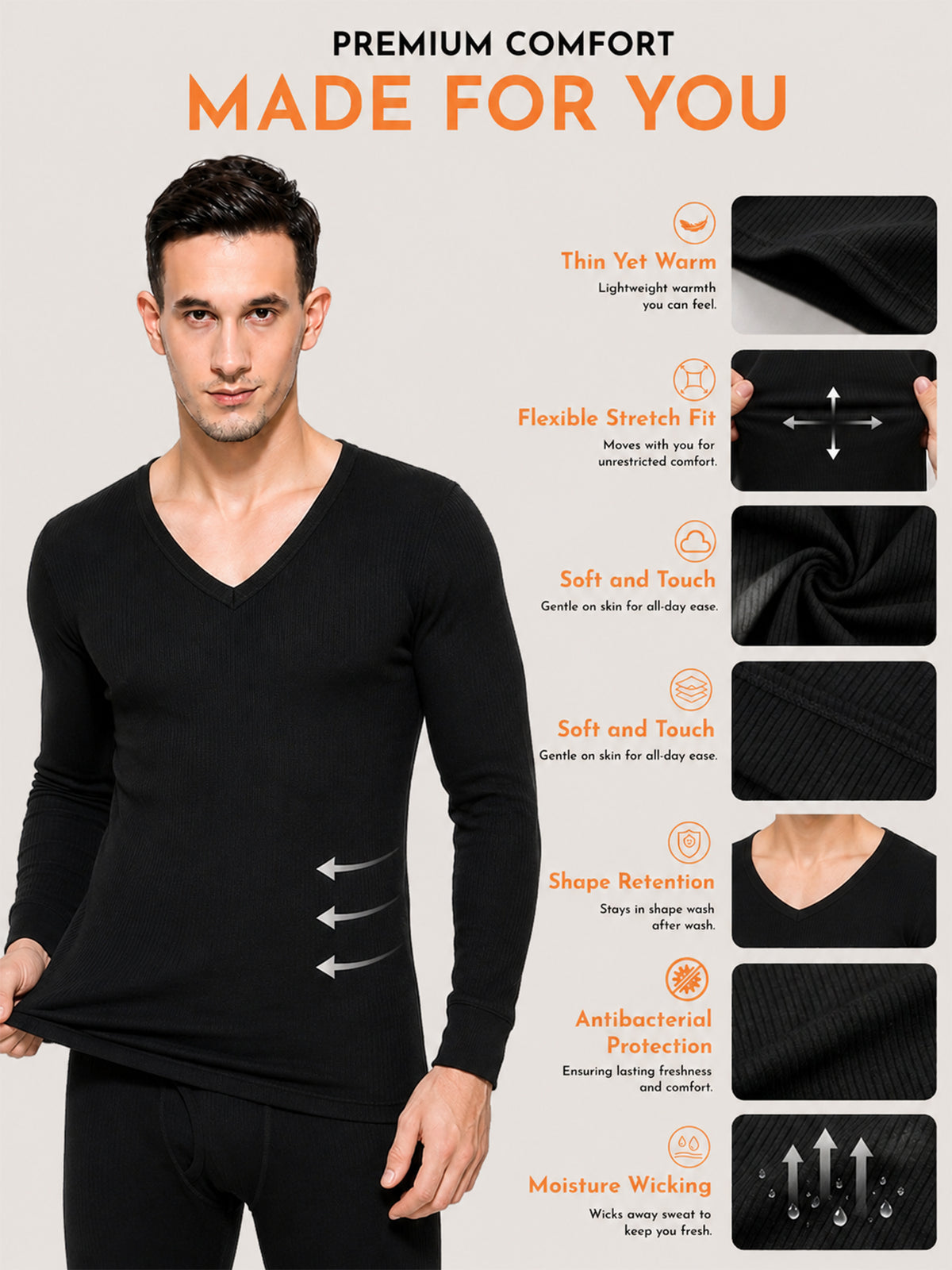 Men Antibacterial Thermal Top with V Neck and Full Sleeves for Winter Base Layering and Cold-Weather Comfort Essentials