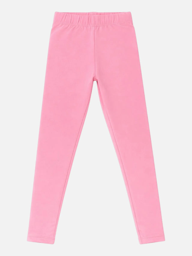 Pink kids leggings with elastic waistband, soft cotton, comfortable fit, front view