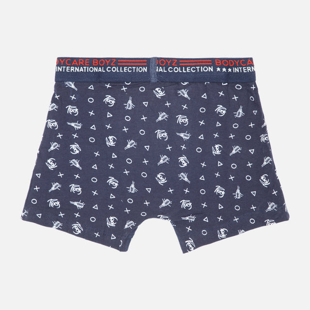 Navy blue boys' boxer shorts with white graphic print and elastic waistband