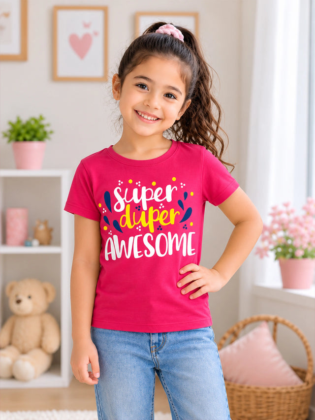 Girls Cotton Typographic Printed T-Shirt Round Neck Half Sleeves Casual Wear Top for School, Play and Weekend Outfits