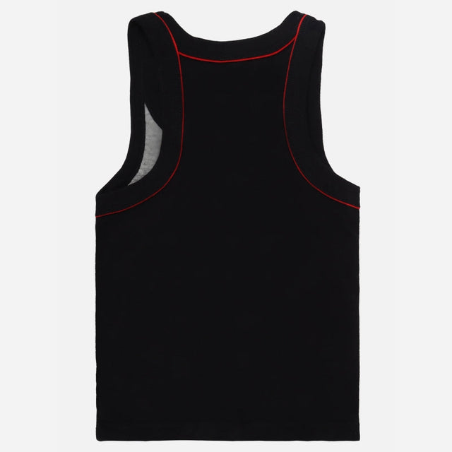 Black kids tank top with red stitching, sleeveless innerwear, back view