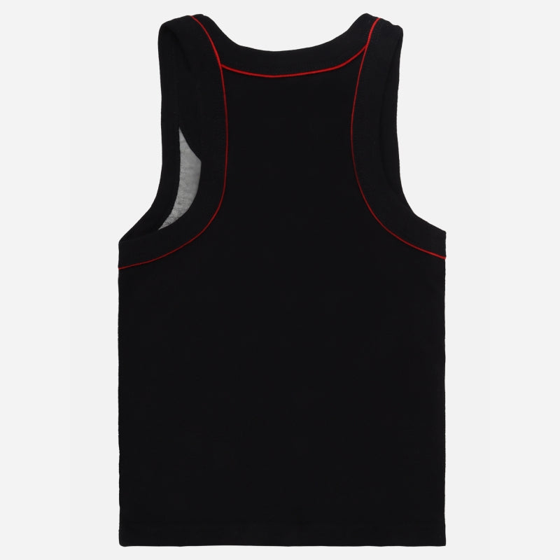 Black kids tank top with red stitching, sleeveless innerwear, back view