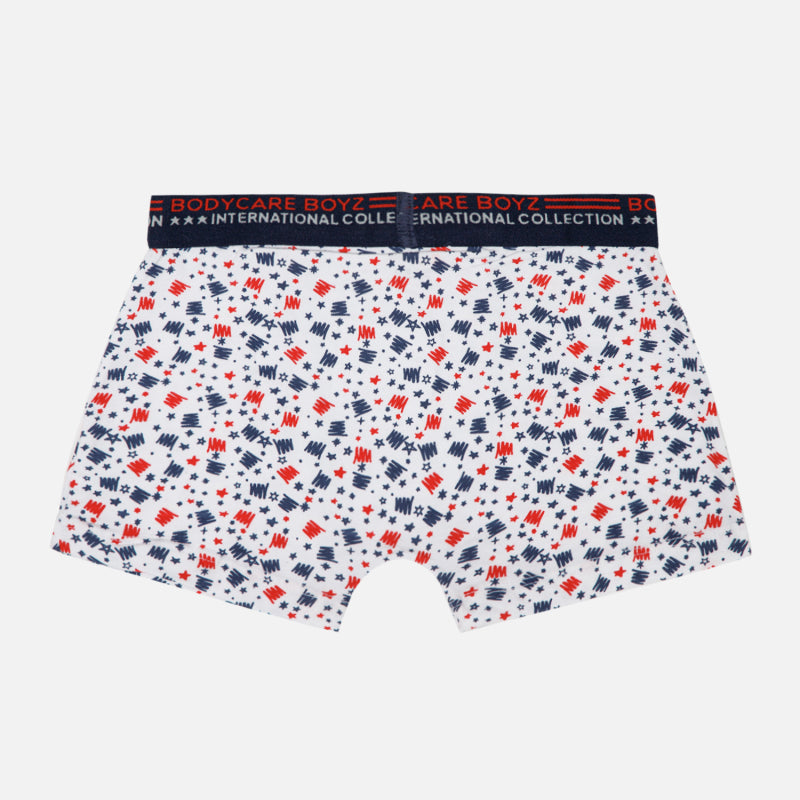 Boys' printed boxer briefs with red and navy fun patterns and logo elastic waistband