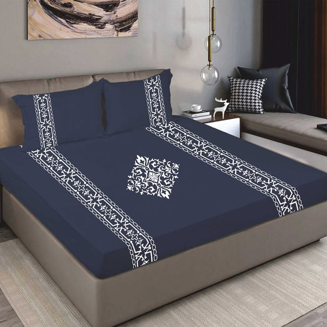 King Size Cotton Fitted Bedsheet Applique Print - Bodycare
