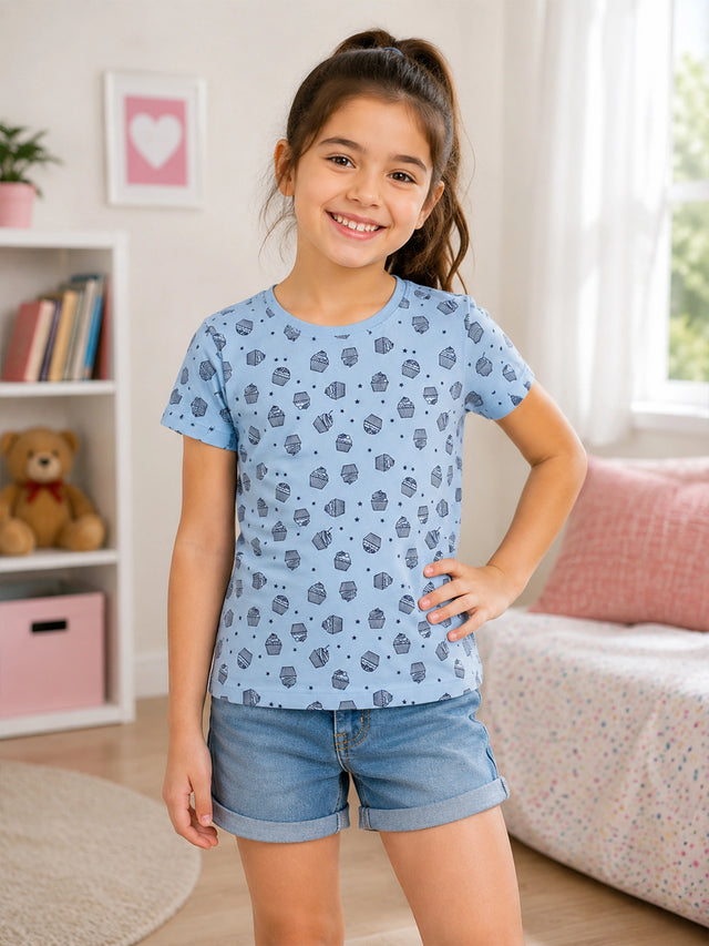 Girls Cotton Printed T-Shirt Round Neck Half Sleeves Casual Wear Top for School, Play and Everyday Outfits