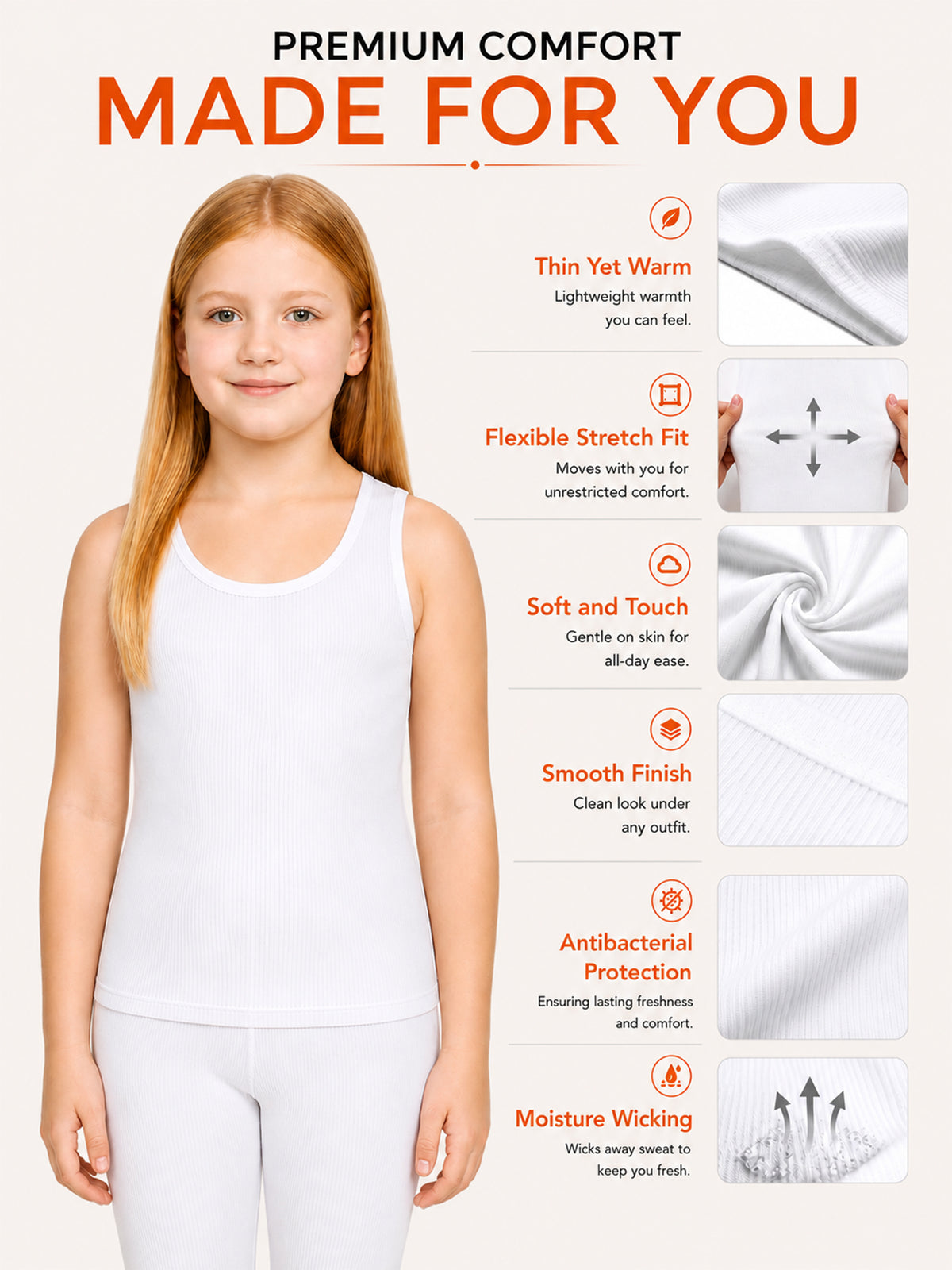 Girls Antibacterial Sleeveless Thermal Top with Round Neck Design for Winter Base Layering and Cold-Weather Comfort