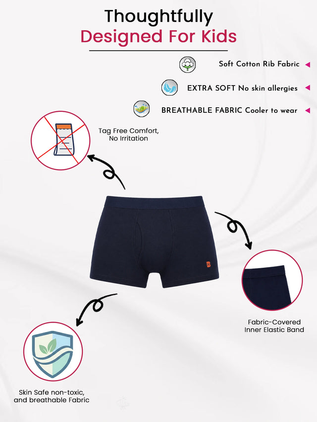Boys Cotton Solid Innerwear Trunks with Inner Elastic, Soft Breathable Fabric and Stretchable Comfort Fit - Pack of 2