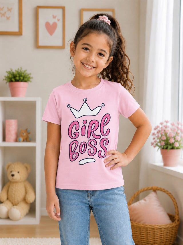 Girls Cotton Typographic Printed T-Shirt Round Neck Half Sleeves Casual Wear Top for School, Play and Weekend Outfits