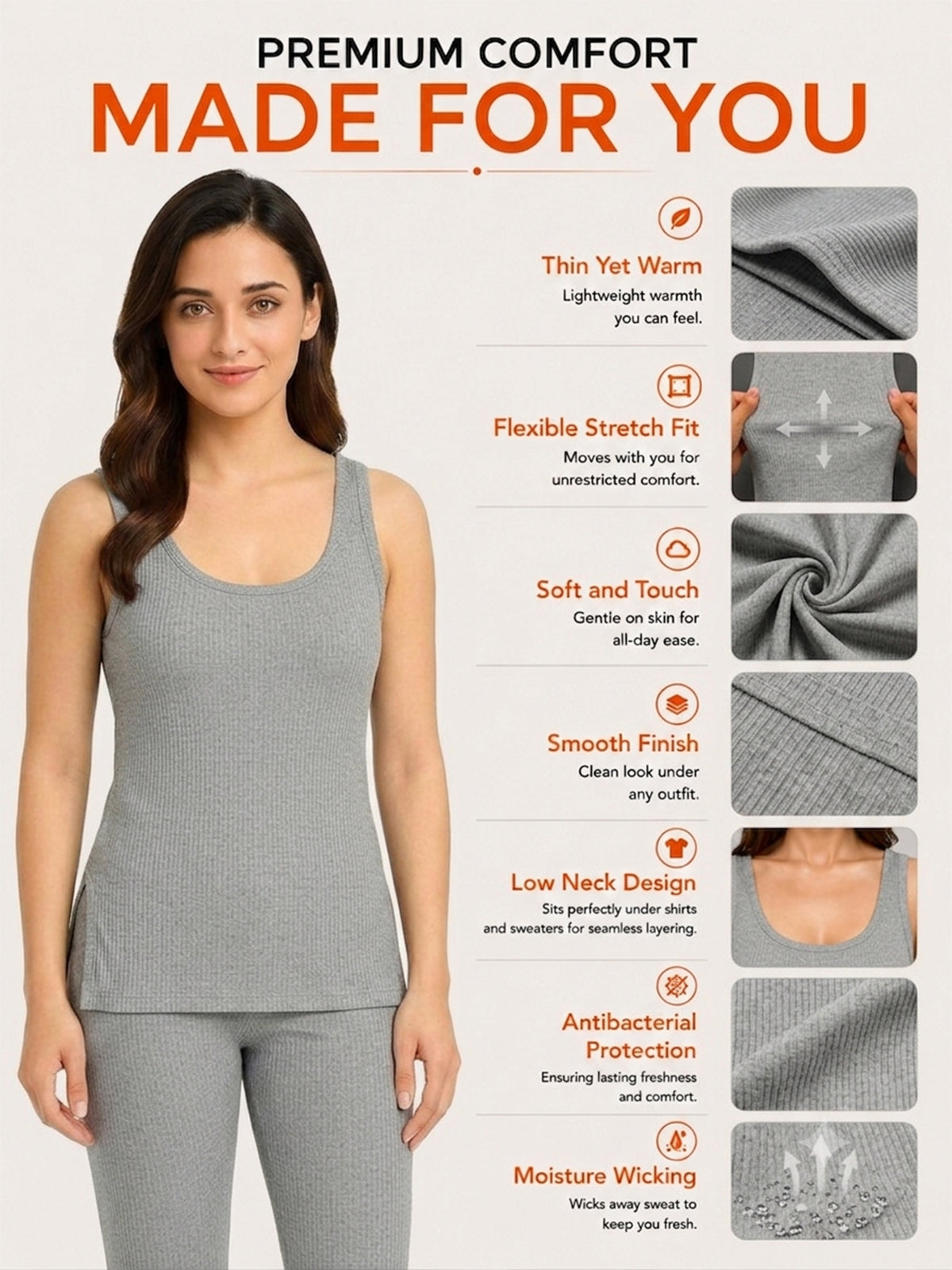 Women Cotton Antibacterial Sleeveless Thermal Top with Round Neck Regular Fit for Winter Layering Comfort - Pack of 1