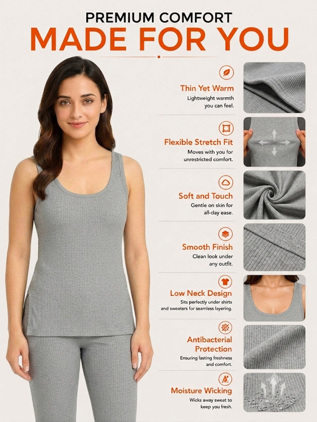 Women Cotton Antibacterial Sleeveless Thermal Top with Round Neck Regular Fit for Winter Layering Comfort - Pack of 1