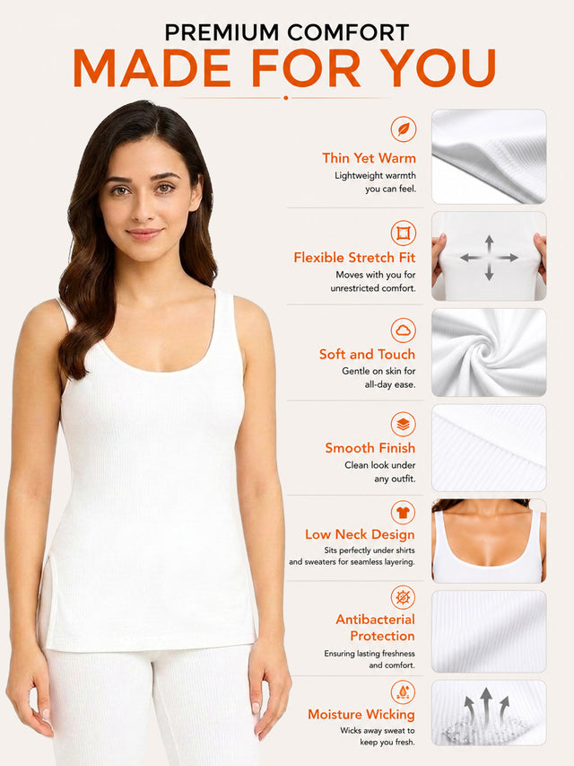 Women Cotton Antibacterial Sleeveless Thermal Top with Round Neck Regular Fit for Winter Layering Comfort - Pack of 1
