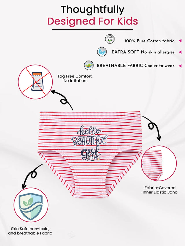 Pink striped girls’ cotton underwear with 'hello beautiful girl' text, tagless, extra soft, breathable, non-toxic fabric, inner elastic band.
