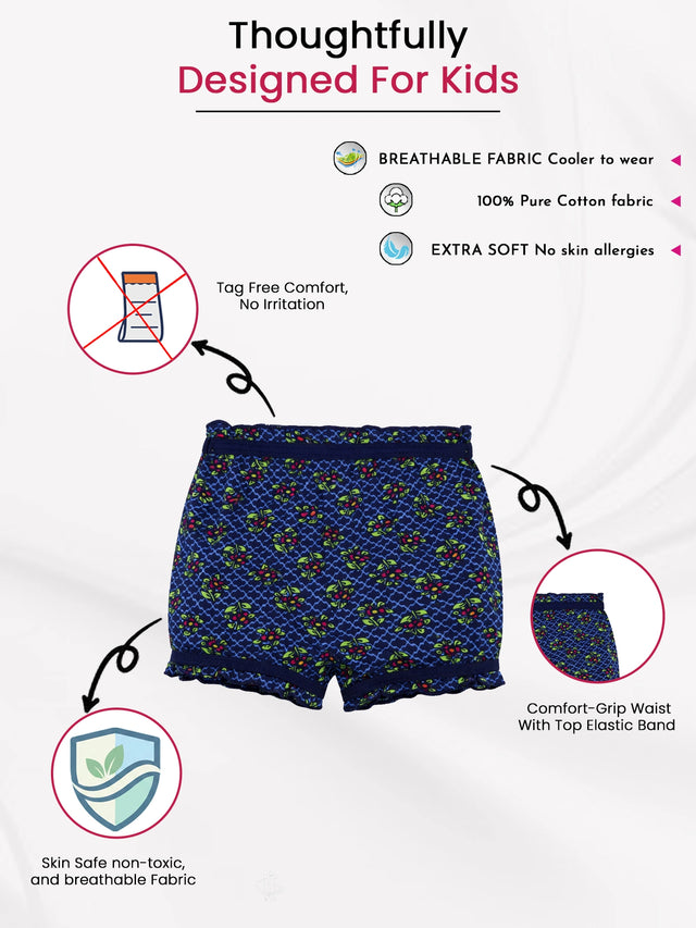Kids' pure cotton breathable printed blue shorts with elastic waist, tag-free, skin-safe fabric.