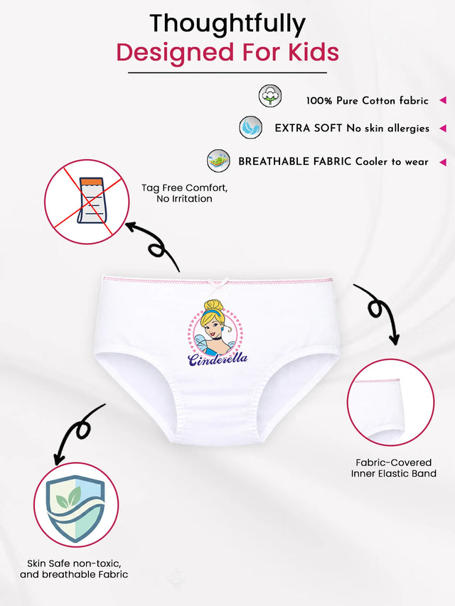 Kids' white cotton underwear with Cinderella print, tag-free, extra soft, breathable, skin-safe fabric, and fabric-covered elastic band.