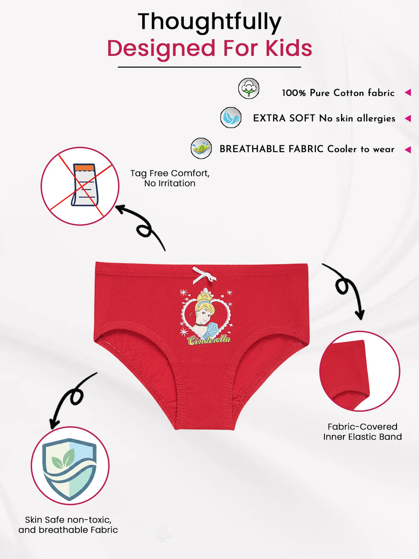 Red girls' cotton underwear with Cinderella print, tag-free, soft, breathable, kid-friendly design.