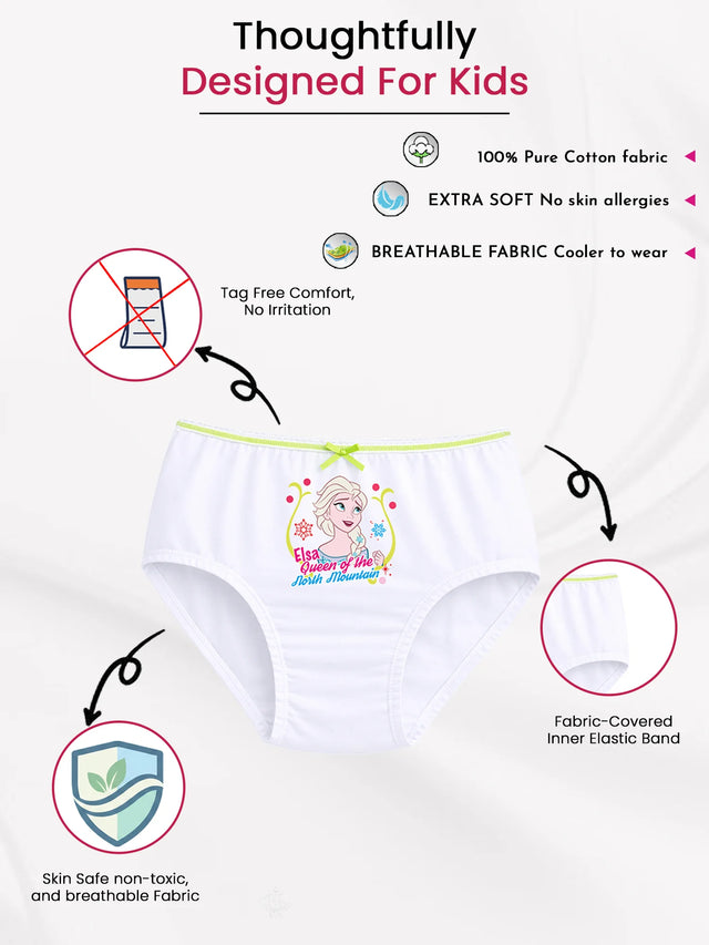 White kids cotton underwear with Elsa print, breathable soft fabric, skin-safe, tag-free design.