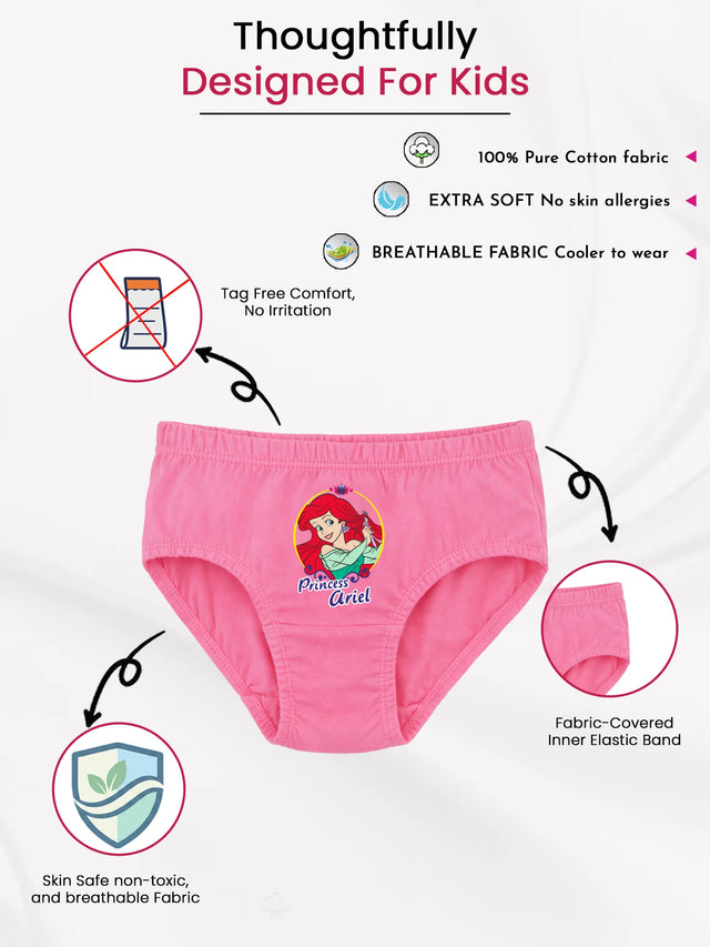 Pink girls' cotton underwear with Princess Ariel print, extra soft, breathable, tag-free, kid-friendly design