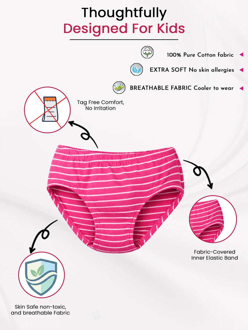 Pink striped cotton kids underwear with soft, breathable, skin-safe fabric features highlighted