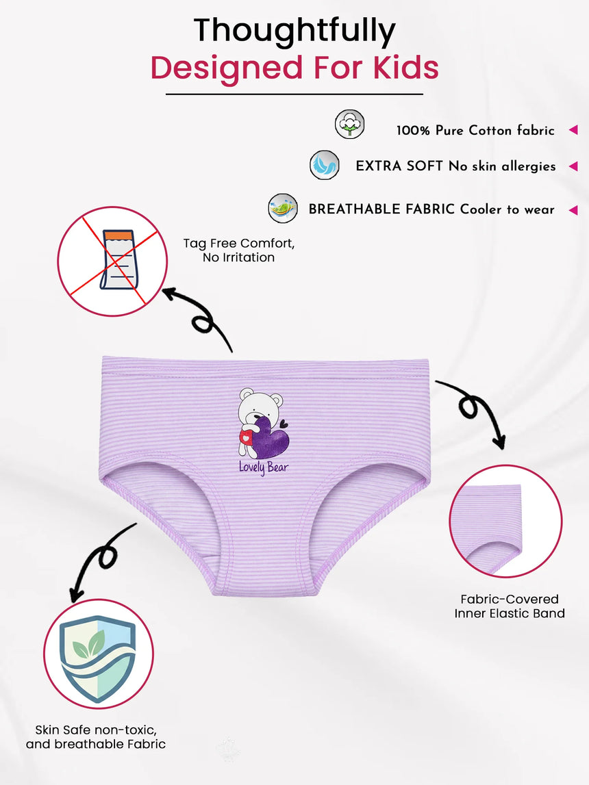 Light purple striped kids underwear with bear print, tag-free, soft breathable cotton fabric.