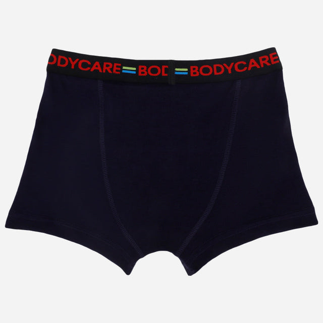 Boys navy blue boxer brief with black waistband and red logo, kids innerwear apparel
