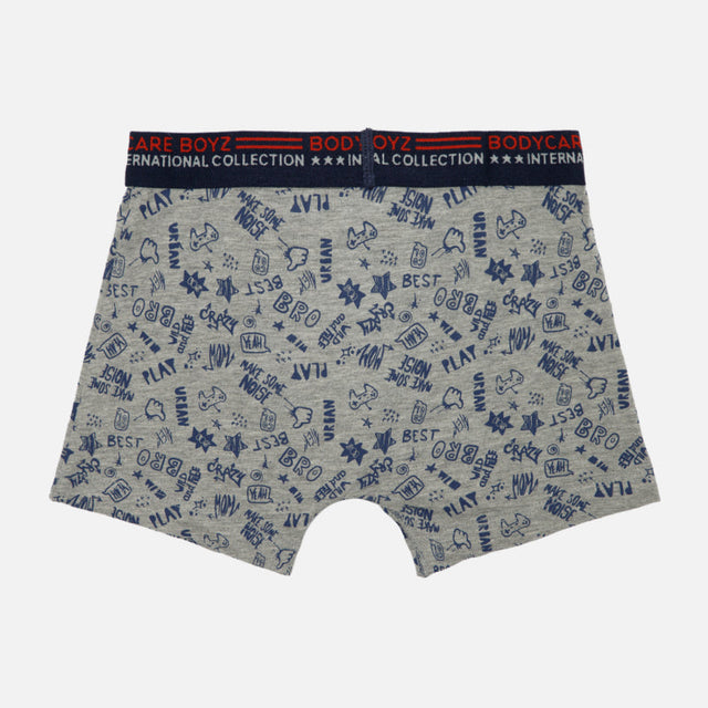 Kids grey boxer briefs with blue cartoon doodle prints and elastic waistband