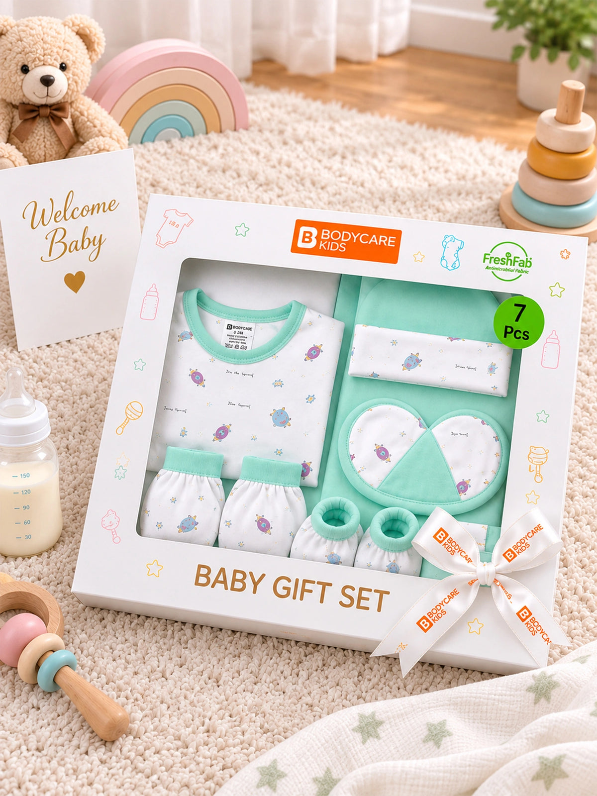 Bodycare Newborn Baby Gift Set for Boys & Girls, Cotton Clothing Set, Hospital Ready Combo Gift Hamper (7 Pcs, 0-6 Months)