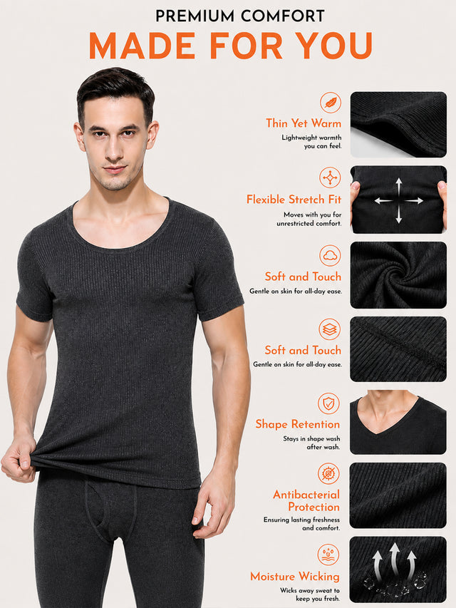 Men Antibacterial Thermal Top with Round Neck and Half Sleeves for Winter Base Layering and Cold-Weather Comfort