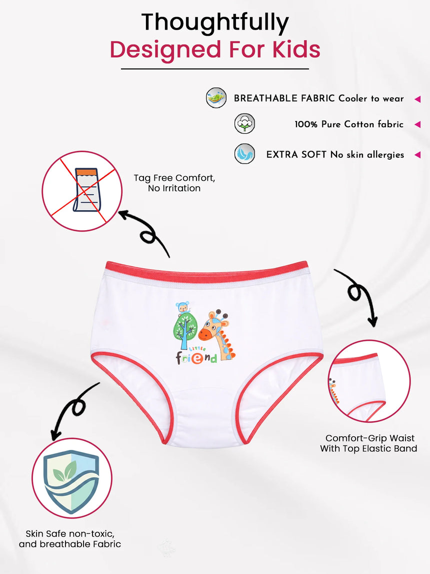 White kids cotton underwear with red trim, animal print, breathable and tag-free design