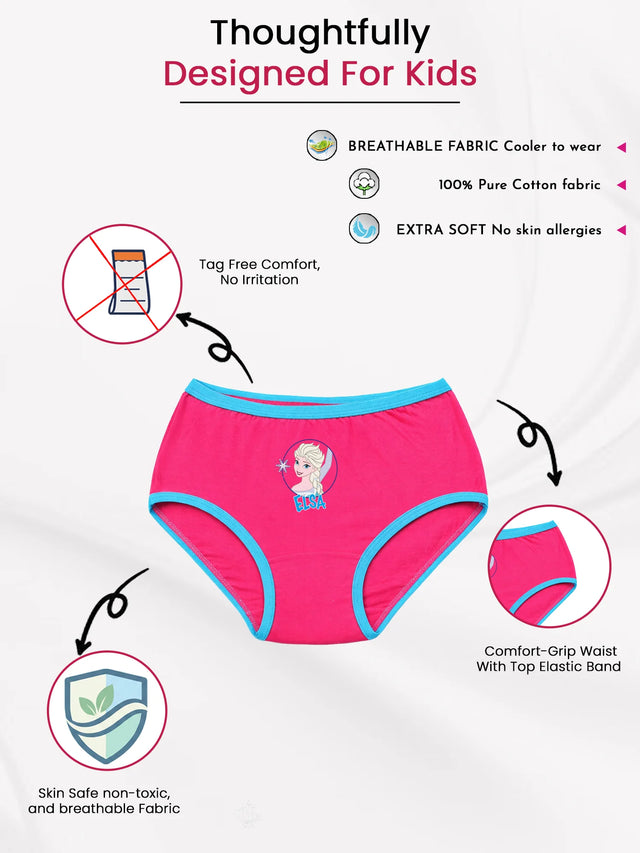 Pink girls' underwear with Elsa graphic, breathable cotton, elastic waist, tag-free comfort.