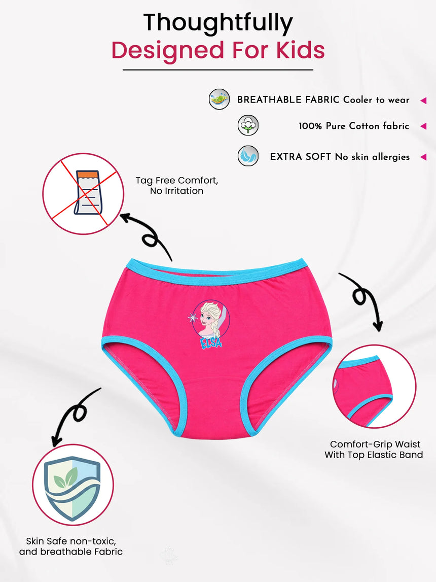 Pink girls' underwear with Elsa graphic, breathable cotton, elastic waist, tag-free comfort.