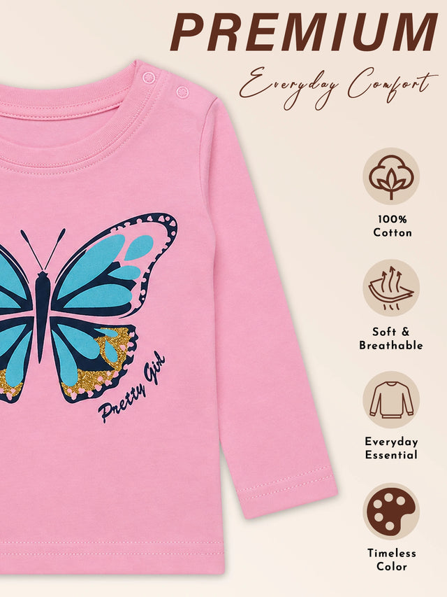 Baby Girls Shoulder Open T-Shirt Full Sleeves Casual Wear Top for Easy Dressing, Playtime and Regular Use