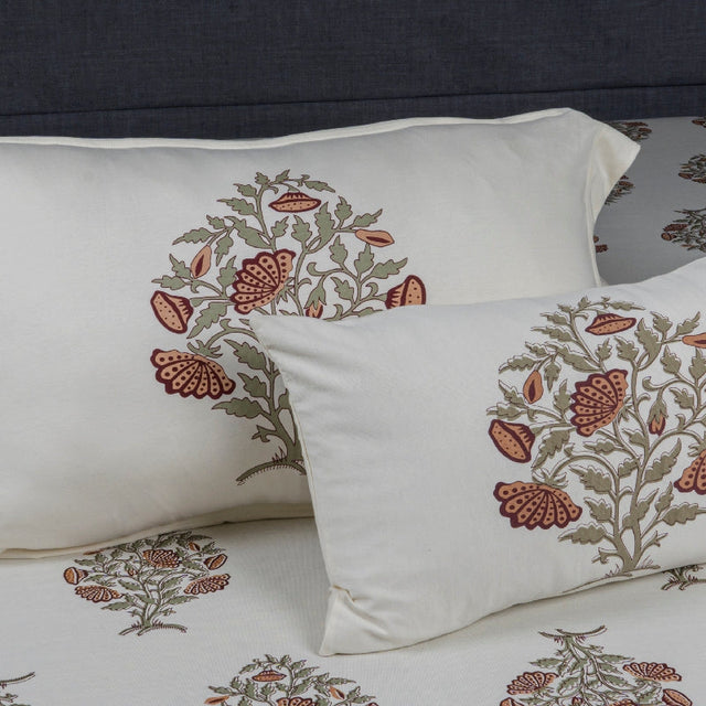 King Size Cotton Bedsheet Floral Handblock Ivory - Bodycare