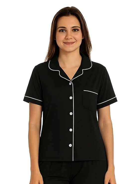 Women's Single Jersey Night Suit - Black - XL
