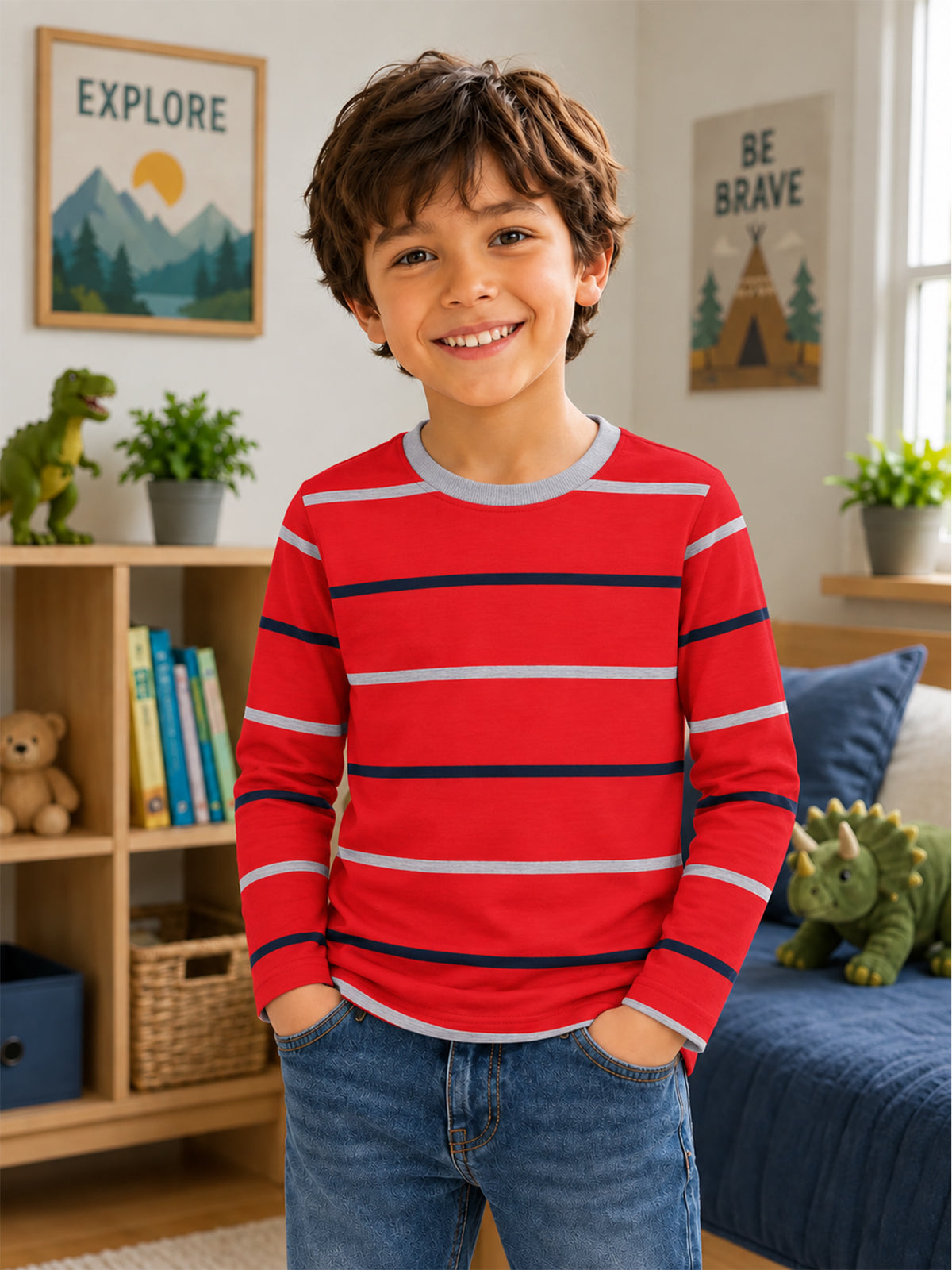Boys Printed T-Shirt with Round Neck and Full Sleeves for Comfortable Casual Wear and Regular Everyday Use