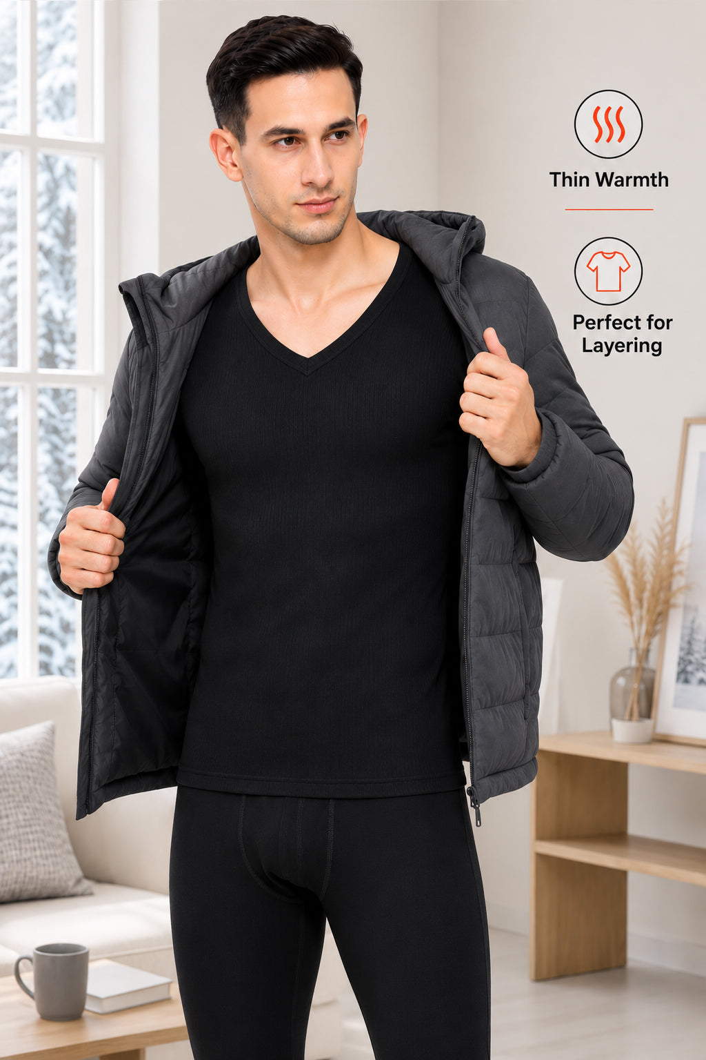 Men Antibacterial Thermal Top with V Neck and Full Sleeves for Winter Base Layering and Cold-Weather Comfort Essentials