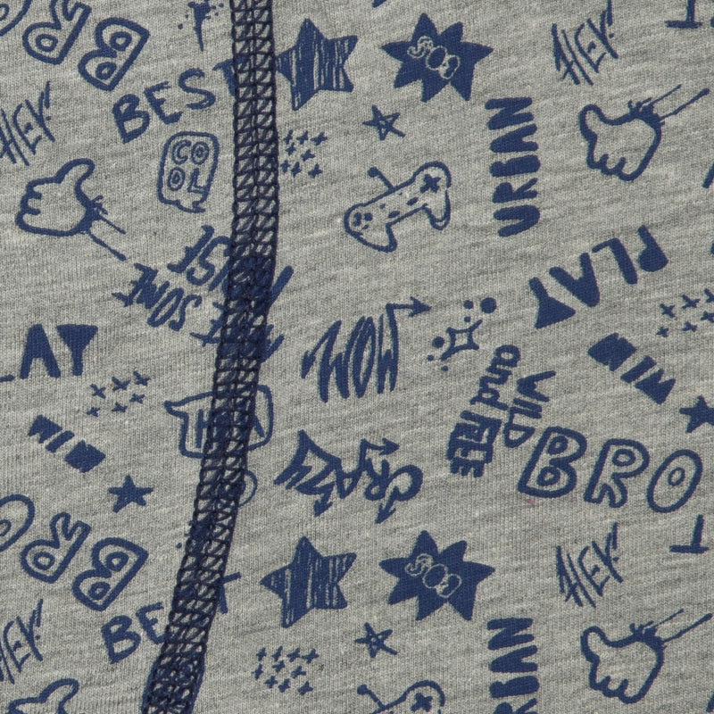 Closeup of grey kids innerwear fabric with playful navy blue doodles and stitched seam