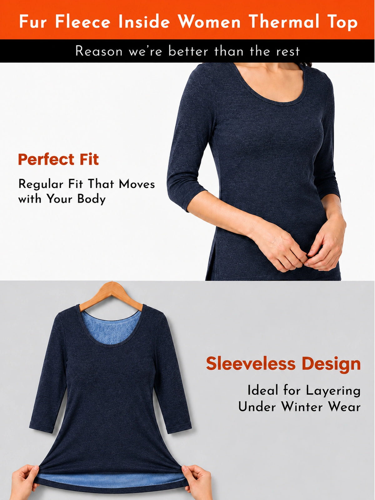 Women Thermal Top with Fur Fleece Inside and Three Quarter Sleeves, High Warmth Winter Innerwear - Pack of 1