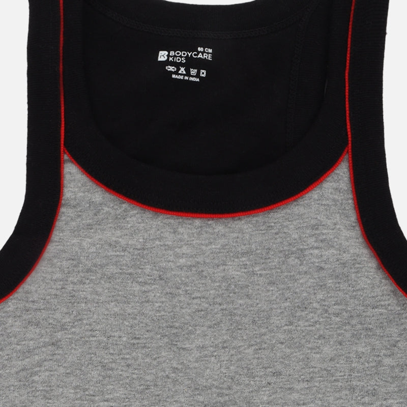 Kids grey sleeveless thermal vest with black and red trim, close-up of neckline.