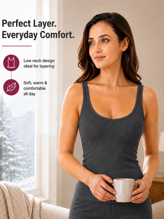 Women Cotton Antibacterial Sleeveless Thermal Top with Round Neck Regular Fit for Winter Layering Comfort - Pack of 1