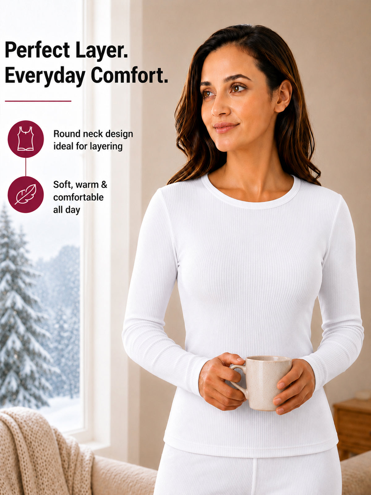 Women Round Neck Full Sleeves Thermal Top for Winter Wear, Warm Base Layer Comfort and Regular Cold Weather Use