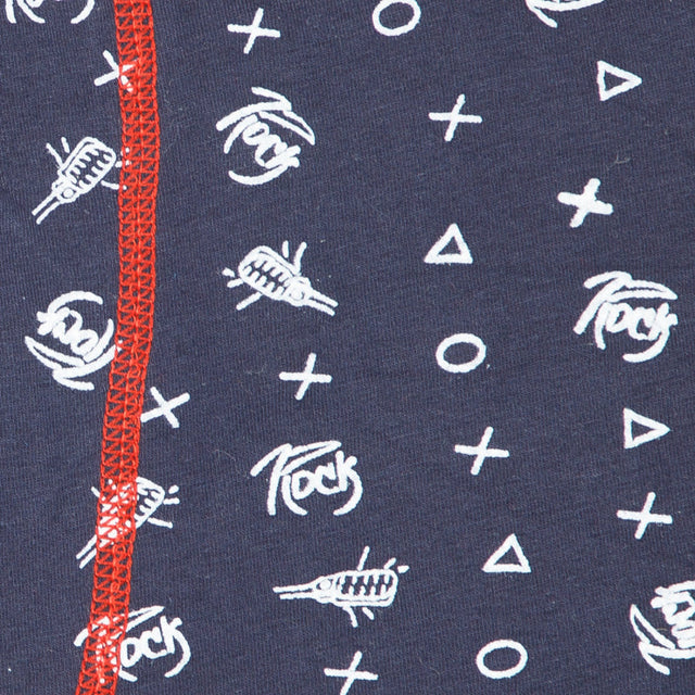 Navy blue kids innerwear fabric with white microphone, 'Rock' text prints, red stitch accent
