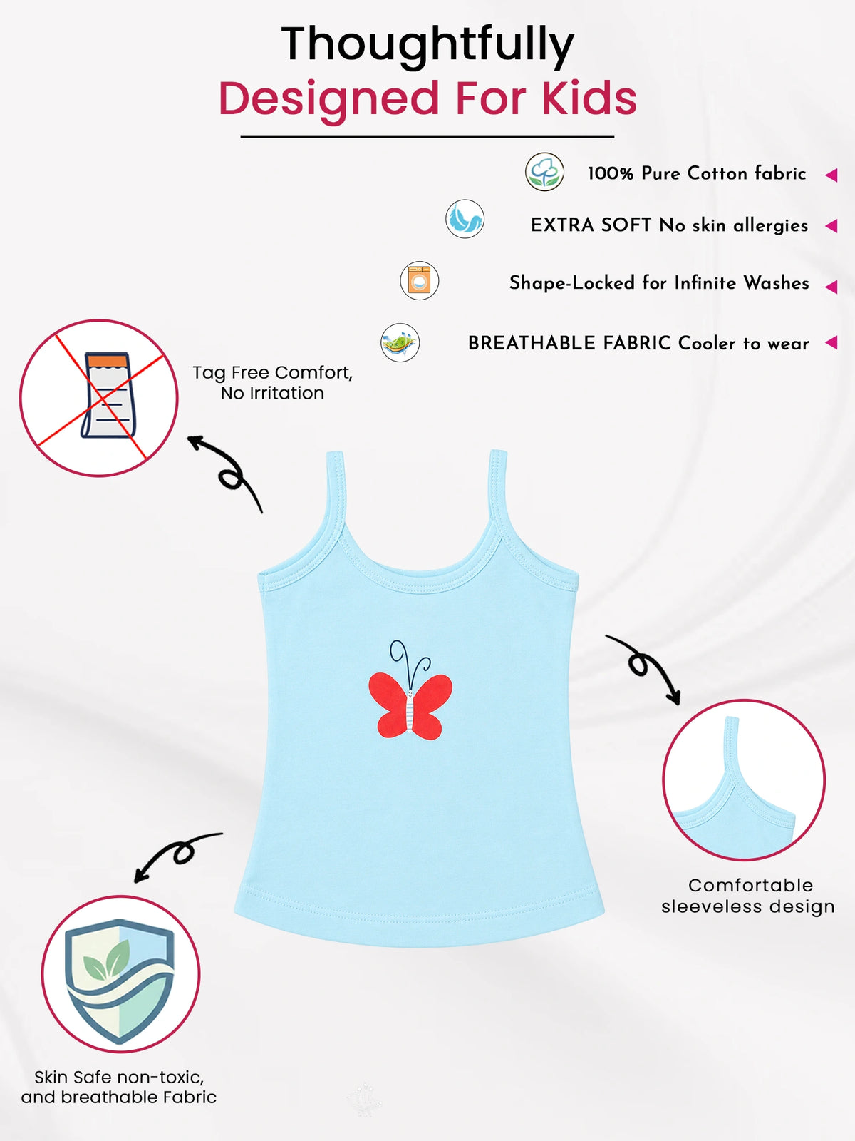 Baby Girls 100% Cotton Camisole Sleeveless Vest for Innerwear Comfort and Easy Daily Layering - Pack of 3